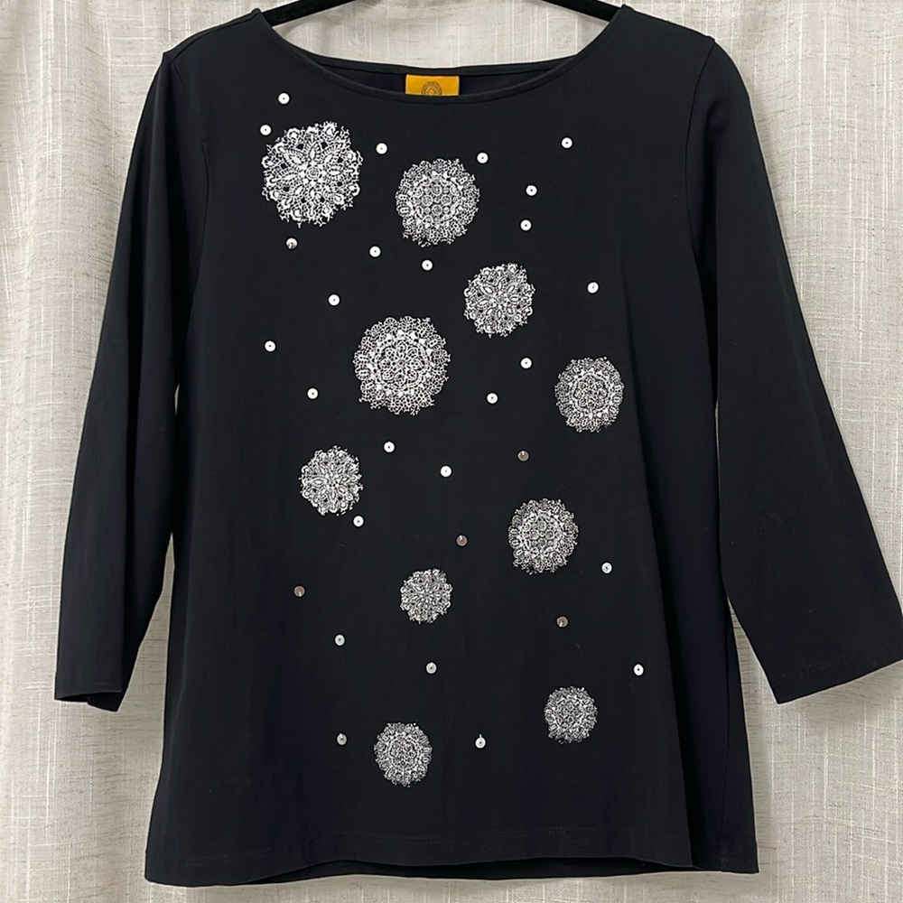 Ruby Rd. T-Shirt 3/4 Sleeves Black with Silver Designs Size M EUC